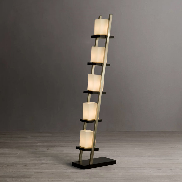 Escalier 5-Light Arc Floor Lamp in Espresso & Brushed Nickel with Off-White Glass Shades