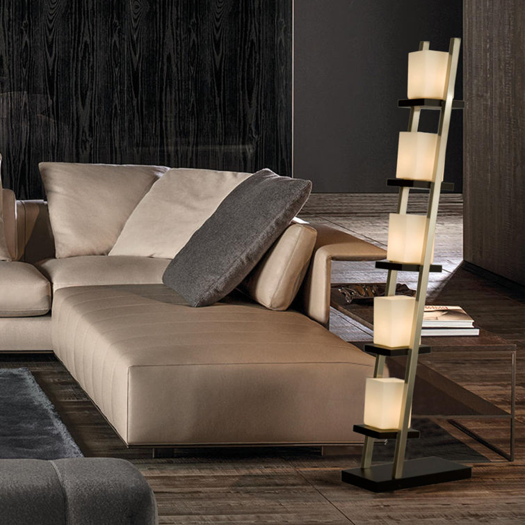 Escalier 5-Light Arc Floor Lamp in Espresso & Brushed Nickel with Off-White Glass Shades