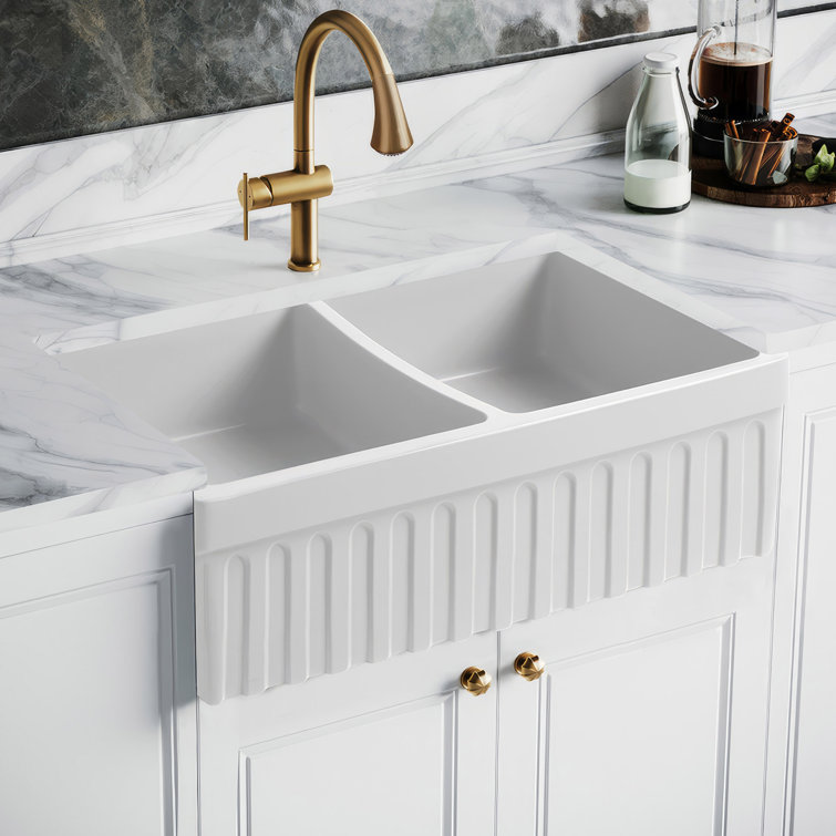 Matte White Double Bowl Fireclay Farmhouse Kitchen Sink