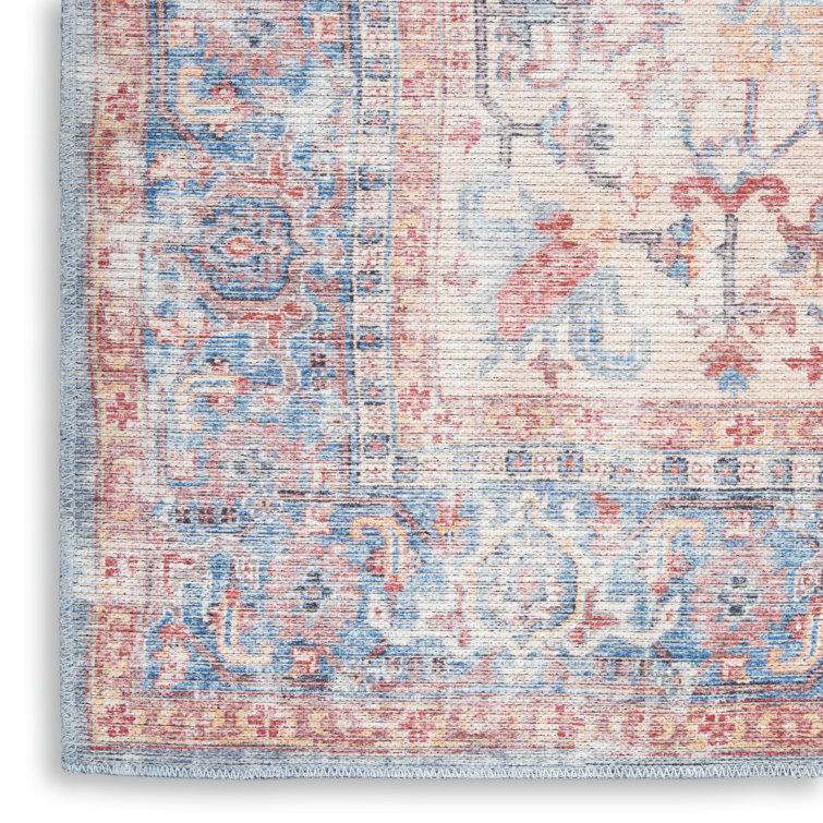 Vintage Blue and Multicolor Floral Cotton Chenille Rug 3' x 5'
