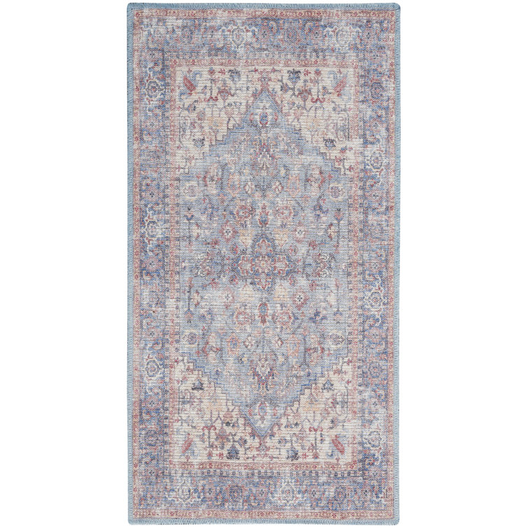 Vintage Blue and Multicolor Floral Cotton Chenille Rug 3' x 5'
