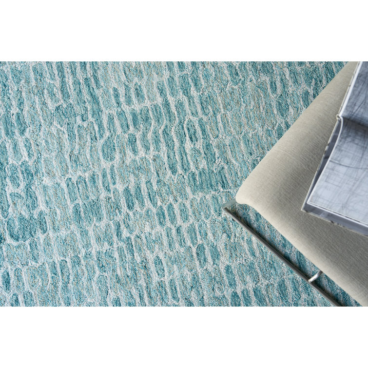 Handmade Tufted Gray and Turquoise Wool Rectangular Rug