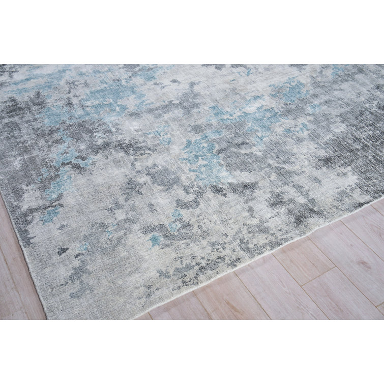 Handmade Blue and Gray Wool Viscose Abstract Rectangular Rug
