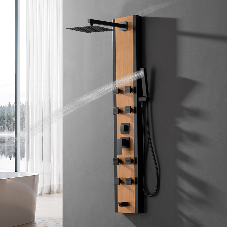 57'' Black and Bamboo Shower Panel System with Body Jets