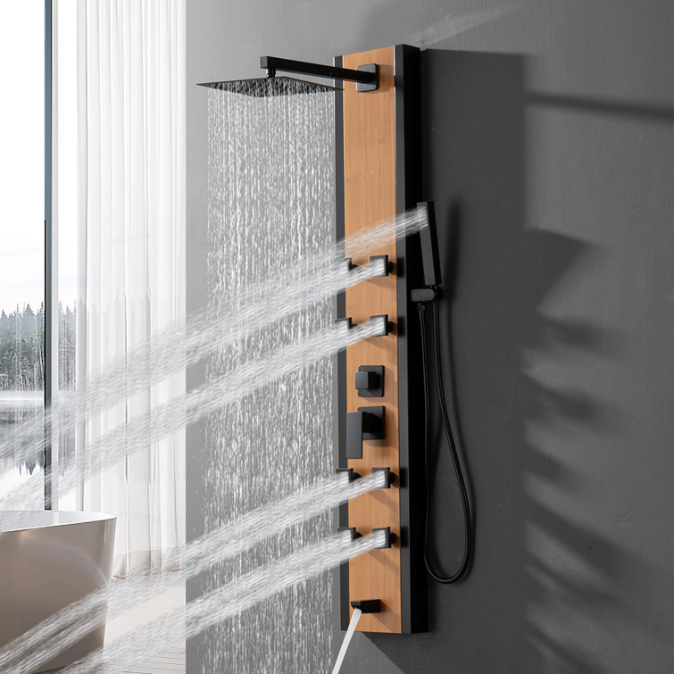 57'' Black and Bamboo Shower Panel System with Body Jets