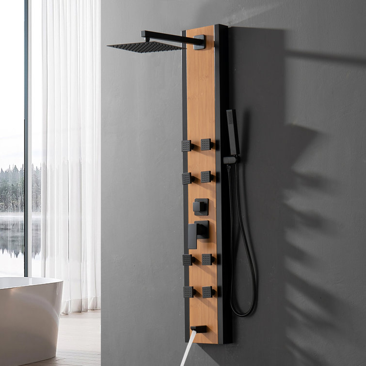 57'' Black and Bamboo Shower Panel System with Body Jets