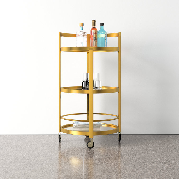 Hause 21" Round Brass and Glass Bar Cart with Storage
