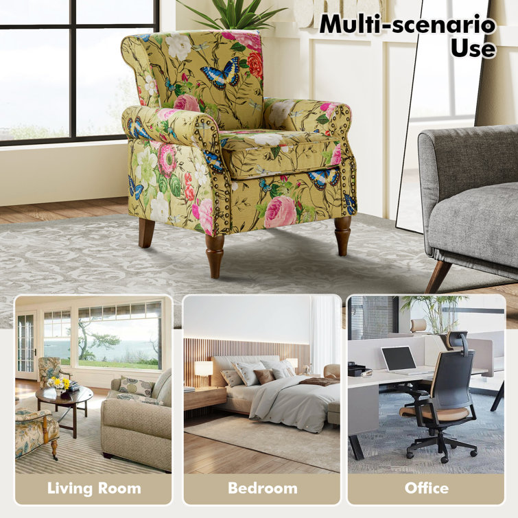 Mustard Floral Upholstered Armchairs with Nailhead Trim, Set of 2