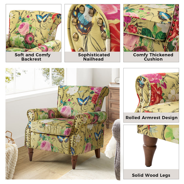 Mustard Floral Upholstered Armchairs with Nailhead Trim, Set of 2