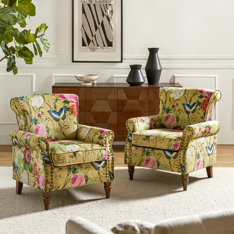 Mustard Floral Upholstered Armchairs with Nailhead Trim, Set of 2