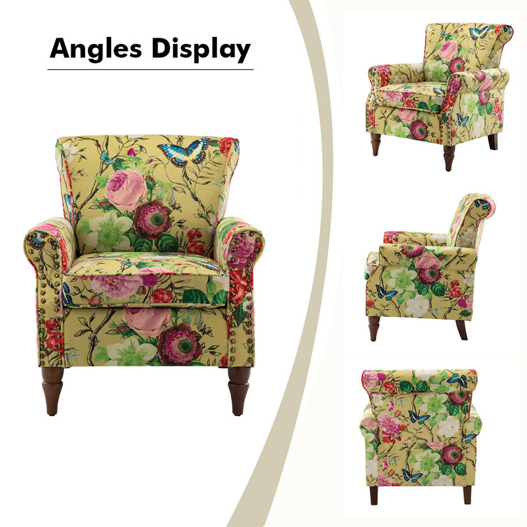 Mustard Floral Upholstered Armchairs with Nailhead Trim, Set of 2