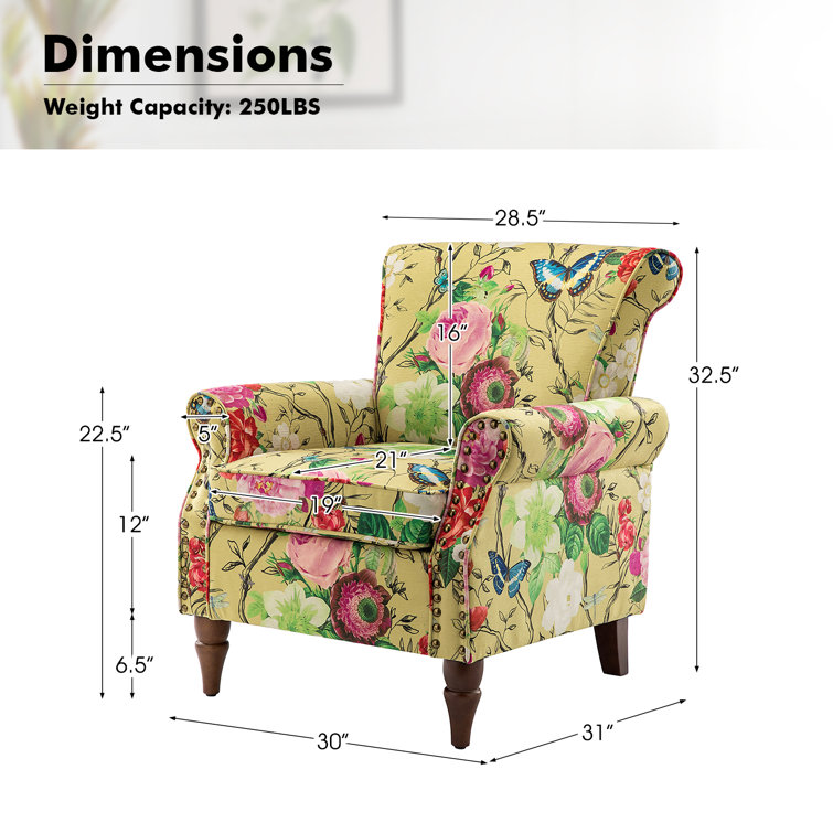 Mustard Floral Upholstered Armchairs with Nailhead Trim, Set of 2