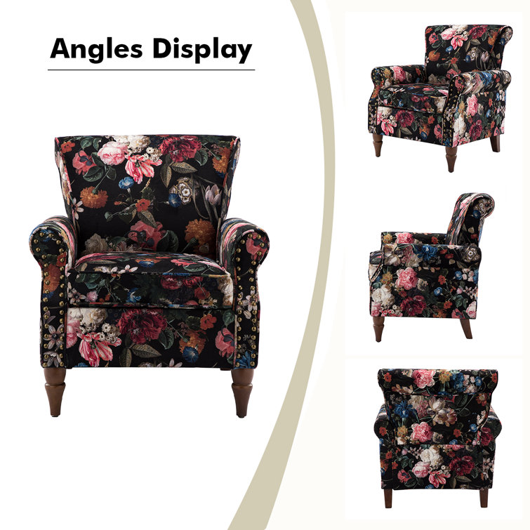 Black Floral Polyester Armchairs with Nailhead Trim, Set of 2
