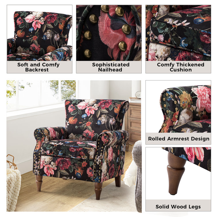 Black Floral Polyester Armchairs with Nailhead Trim, Set of 2