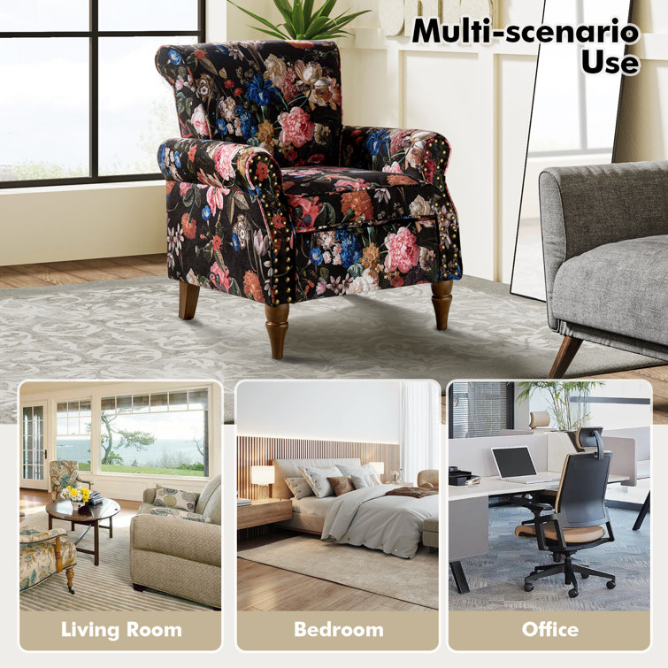 Black Floral Polyester Armchairs with Nailhead Trim, Set of 2