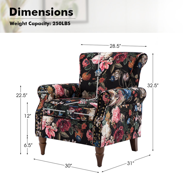 Black Floral Polyester Armchairs with Nailhead Trim, Set of 2