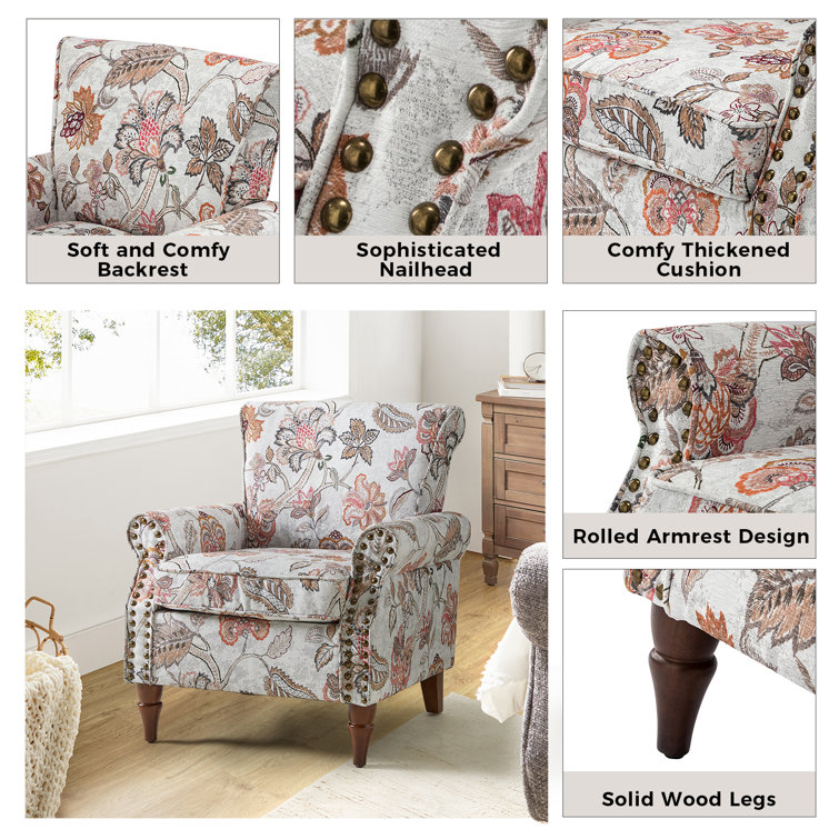 Pink Floral Polyester Armchair Set with Nailhead Trim
