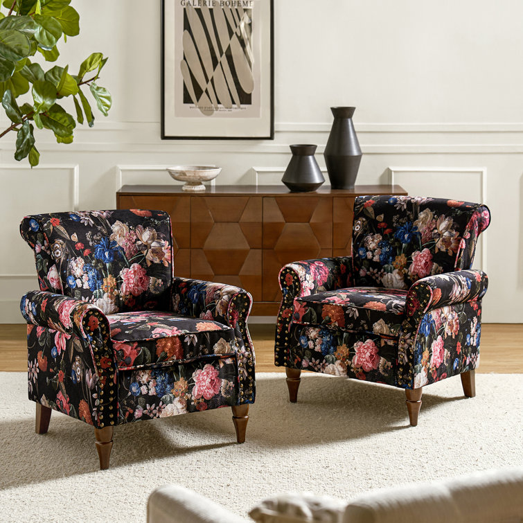 Black Floral Polyester Armchairs with Nailhead Trim, Set of 2