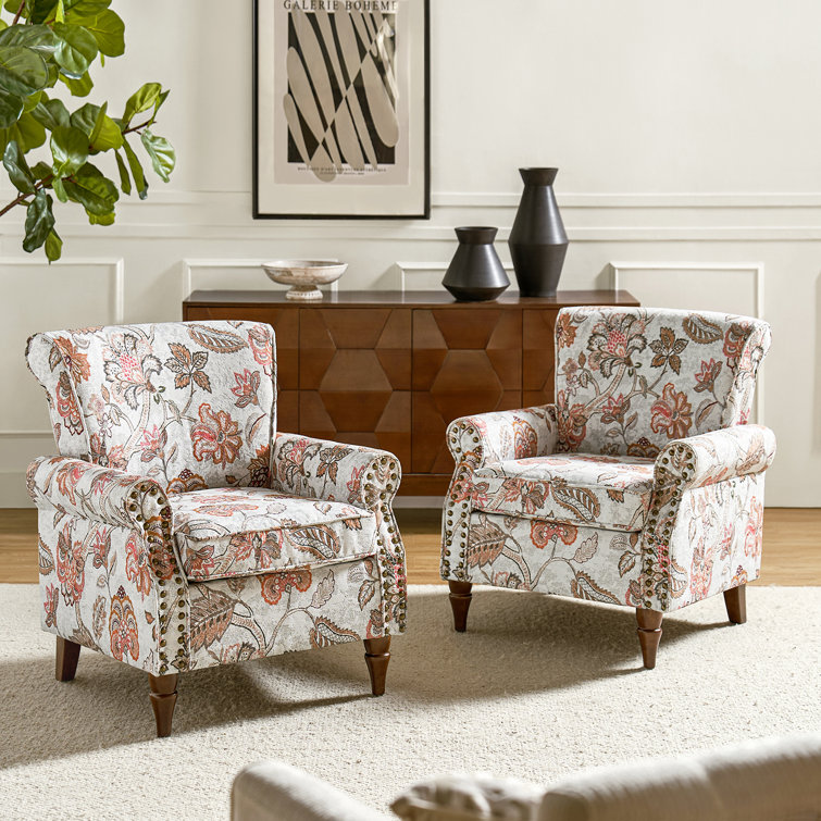 Pink Floral Polyester Armchair Set with Nailhead Trim