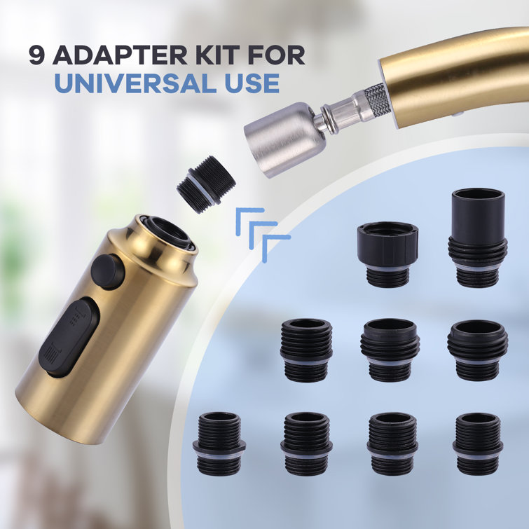 Gold 3-Function Kitchen Faucet Spray Head with 9 Adapters