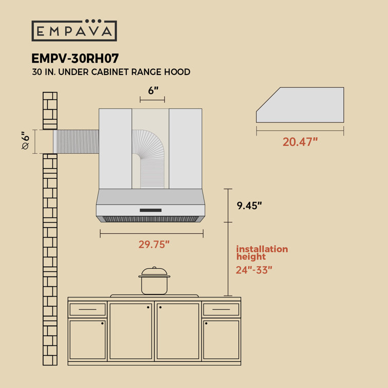 30" Brushed Stainless Steel Under Cabinet Range Hood with Charcoal Filter