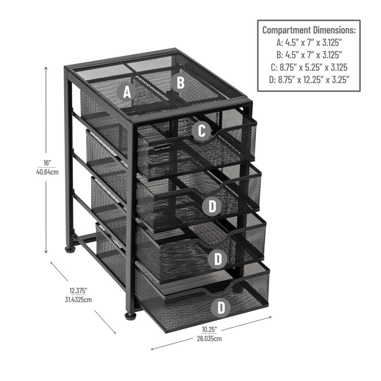 Compact Black Metal Mesh 4-Drawer Cabinet Organizer