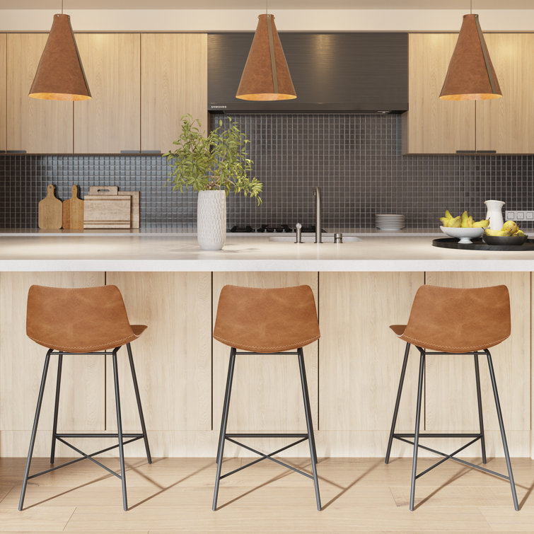 Urban Matte Black 24" Metal and Tan Leather Saddle Counter Stool, Set of 3