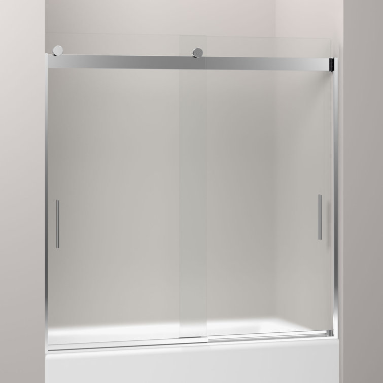 Bright Silver Frameless Sliding Bath Door with Frosted Glass
