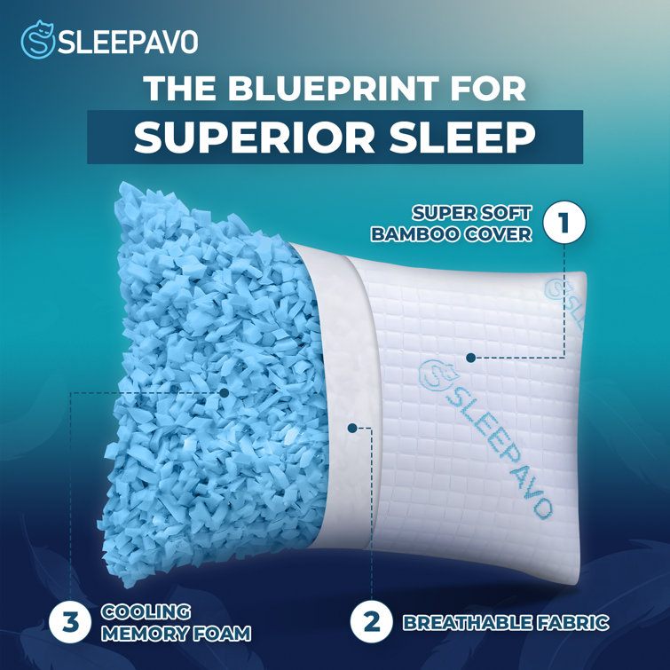 Queen Size Shredded Memory Foam Bed Pillows - 2 Pack Extra Firm Pillows (Set of 2)