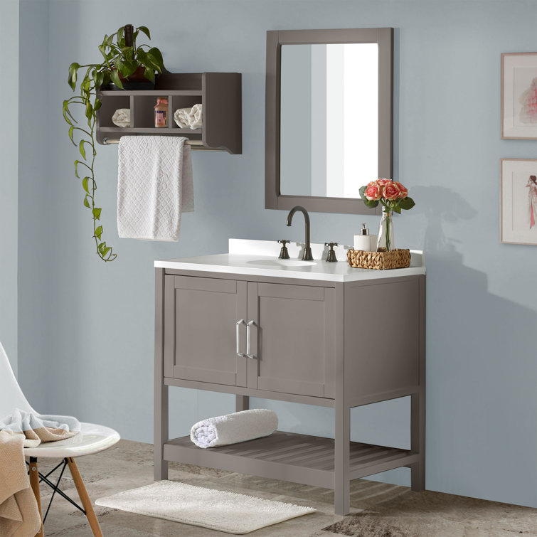 Gray Pine Freestanding Vanity Cabinet with Open Shelf