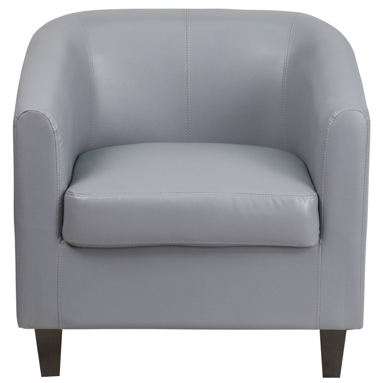 Elegant Gray Leather Barrel Lounge Chair with Wooden Accents