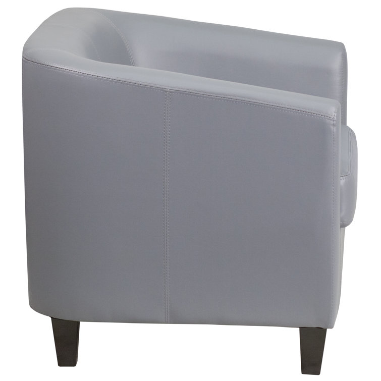 Elegant Gray Leather Barrel Lounge Chair with Wooden Accents