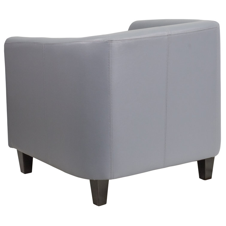 Elegant Gray Leather Barrel Lounge Chair with Wooden Accents