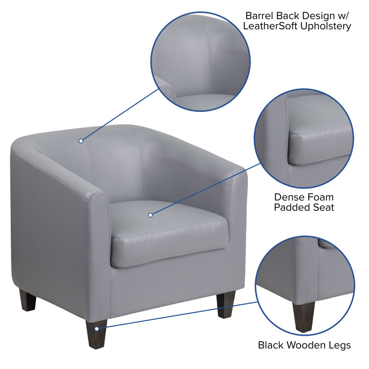 Elegant Gray Leather Barrel Lounge Chair with Wooden Accents