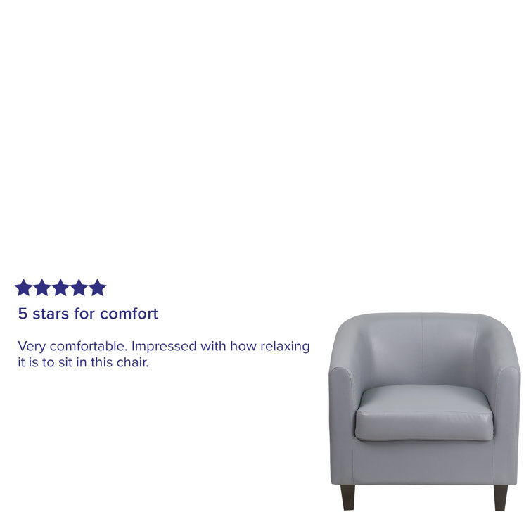Elegant Gray Leather Barrel Lounge Chair with Wooden Accents