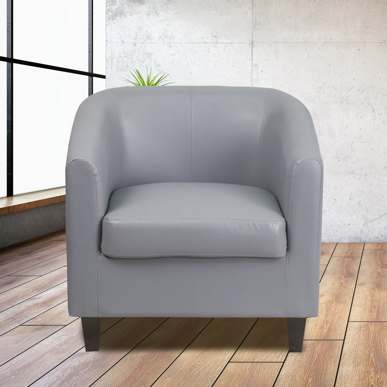 Elegant Gray Leather Barrel Lounge Chair with Wooden Accents