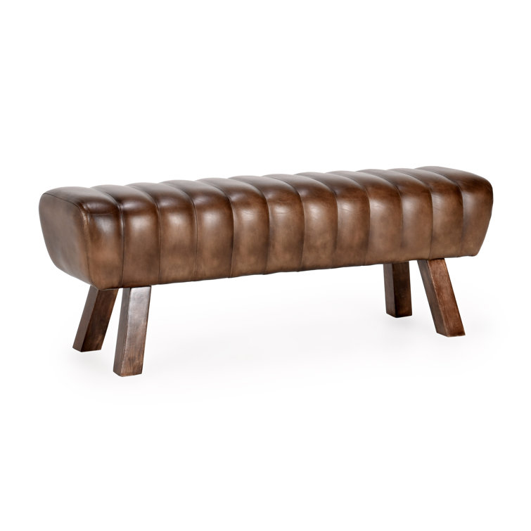 Classic Brown Genuine Leather Bedroom Bench with Wooden Legs