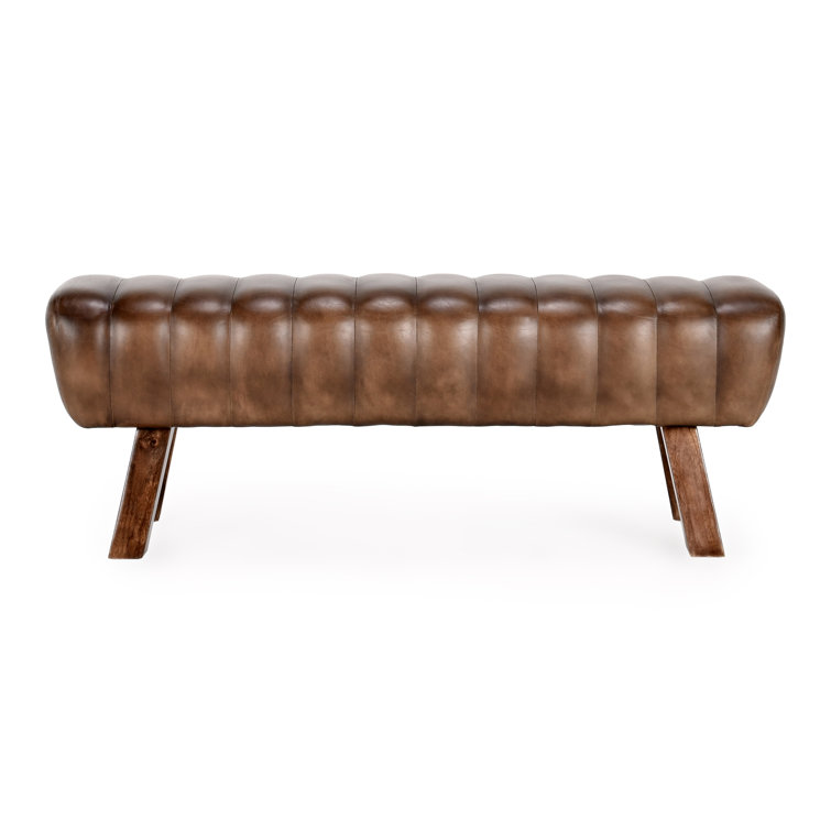 Classic Brown Genuine Leather Bedroom Bench with Wooden Legs