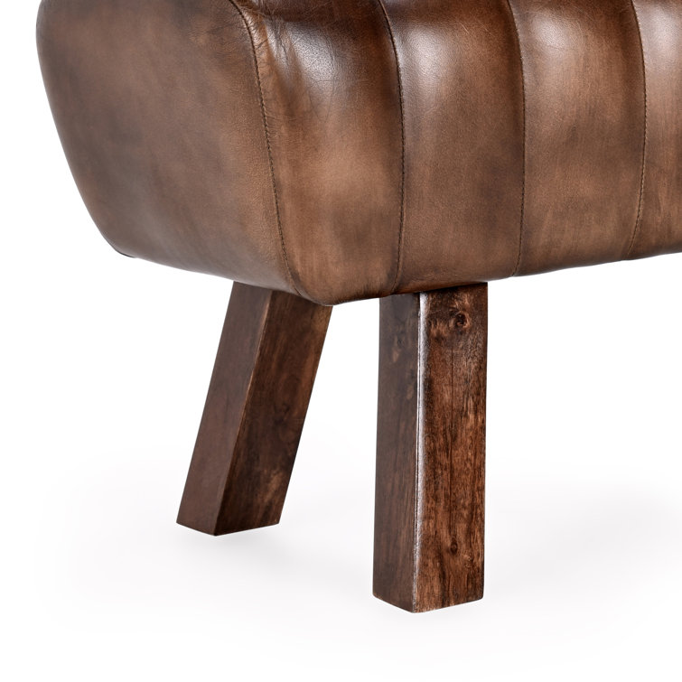 Classic Brown Genuine Leather Bedroom Bench with Wooden Legs