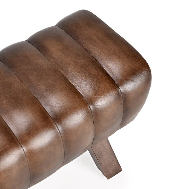 Classic Brown Genuine Leather Bedroom Bench with Wooden Legs