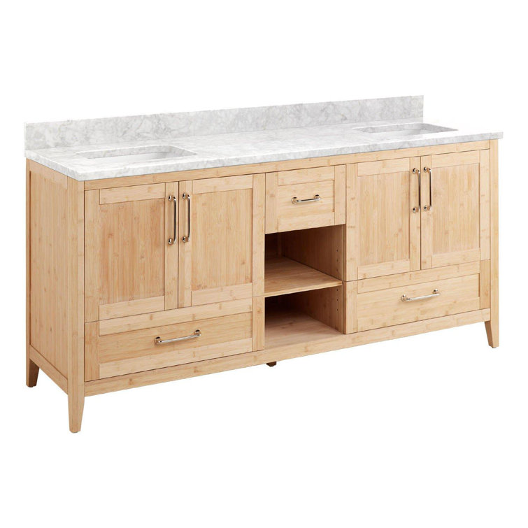 72" Light Wood Double Bathroom Vanity with Carrara Marble Top