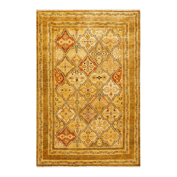 Golden Hand-Knotted Wool Rectangular Area Rug 4'3" x 6'2"
