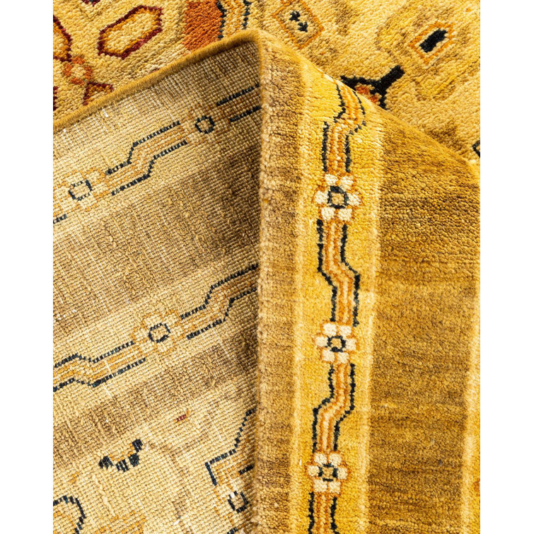 Golden Hand-Knotted Wool Rectangular Area Rug 4'3" x 6'2"