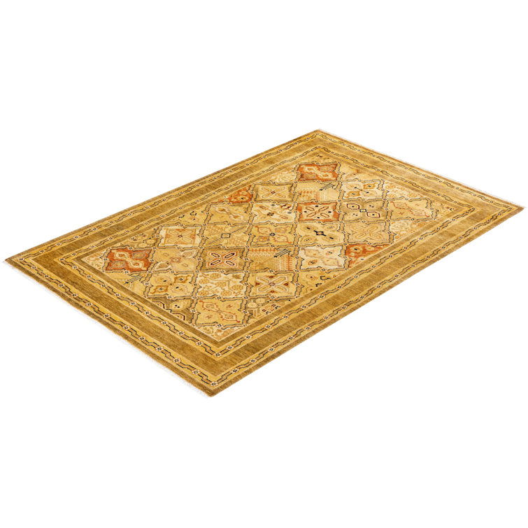 Golden Hand-Knotted Wool Rectangular Area Rug 4'3" x 6'2"