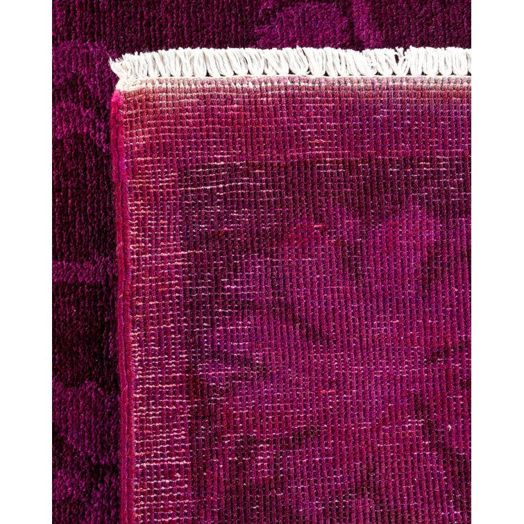 Hand-knotted Purple Floral Wool Area Rug with Fringe