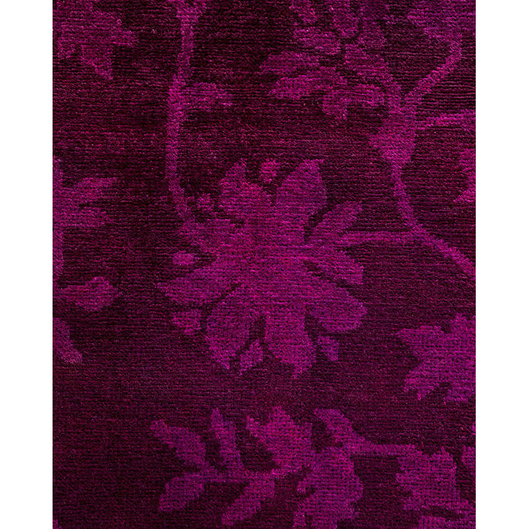Hand-knotted Purple Floral Wool Area Rug with Fringe