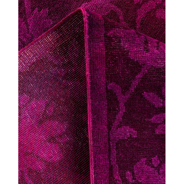 Hand-knotted Purple Floral Wool Area Rug with Fringe