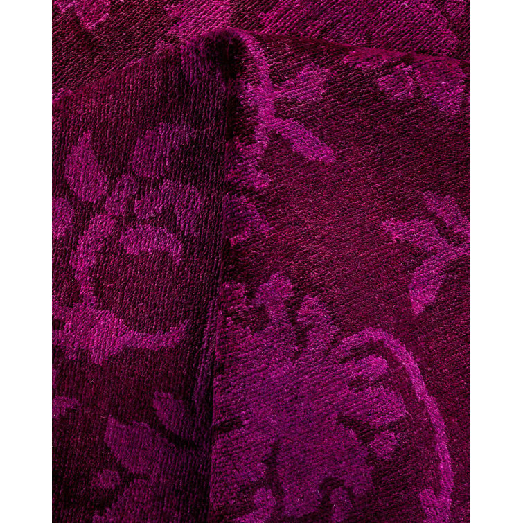Hand-knotted Purple Floral Wool Area Rug with Fringe