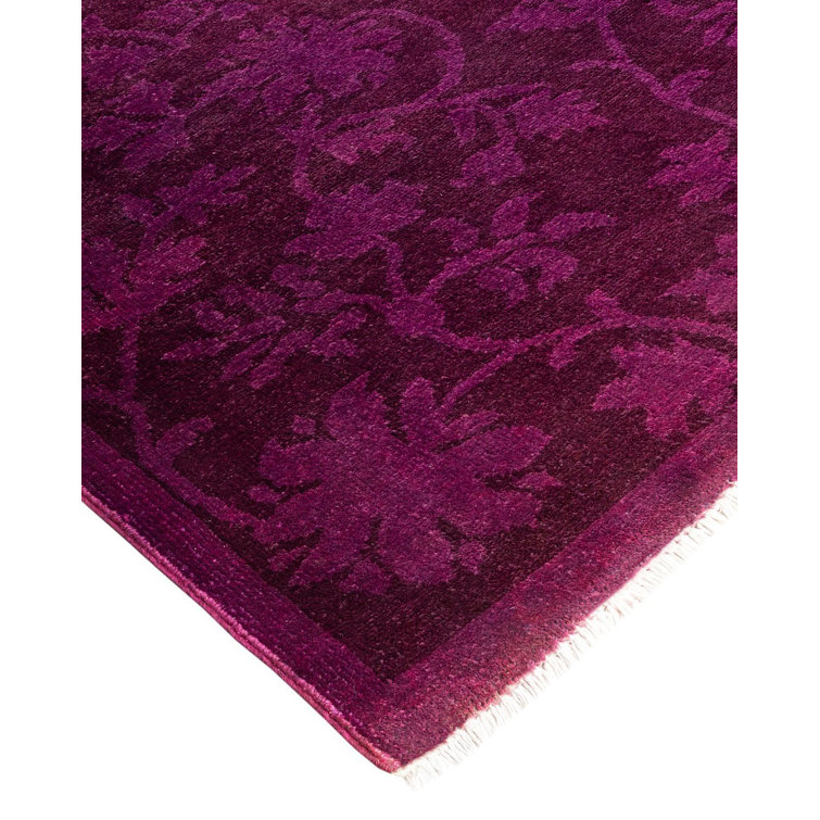 Hand-knotted Purple Floral Wool Area Rug with Fringe