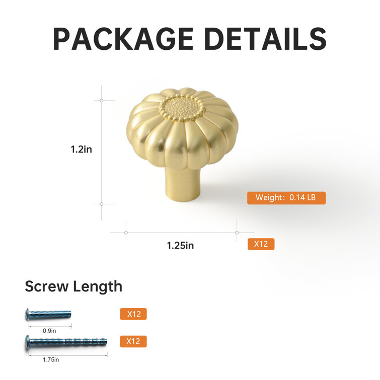 Brushed Brass Flower-Inspired Cabinet Knobs, 1-1/4 Inches, 12-Pack